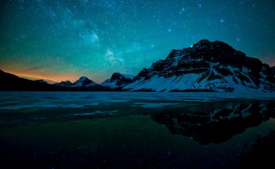 Milky way, starry sky, night, Bow lake, reflections, mountains