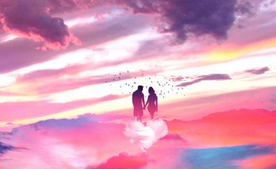 Couple, love, sky, clouds, fantasy