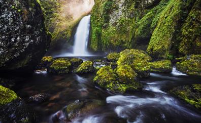 Waterfall, landscape, green rocks, stream, river, moss