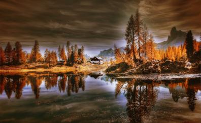 Dolomites, lake, reflections, house, nature