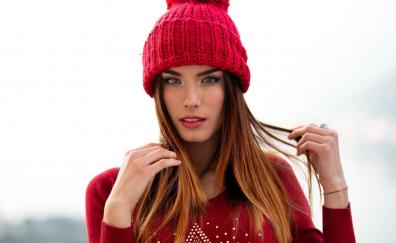 Gorgeous woman, red cap, brown eyes