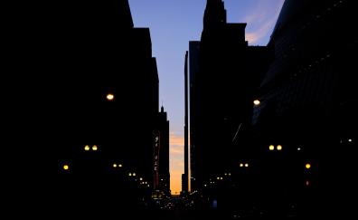 City street, dark, buildings, silhouette