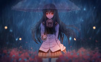 Anime girl in rain, with umbrella, art