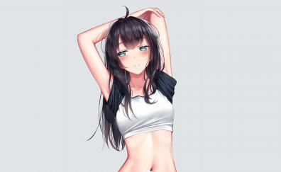 Arms up, cute, anime girl, green eyes