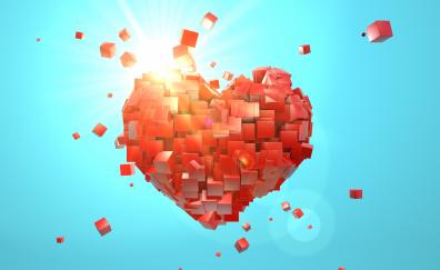 Heart explosion, love, red cubes, abstract, valentine day