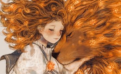 Lion and girl, fantasy, artwork