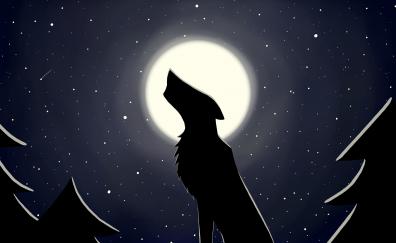 Wolf, moon, minimal, starry night, digital art