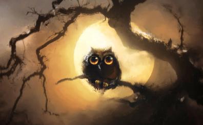 Cute, black owl, night, full moon, art