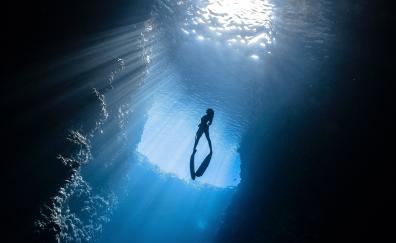 Scuba diver, under-water, silhouette, sea