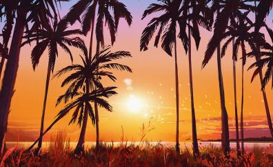 Sunset, silhouette, palms at beach, artwork