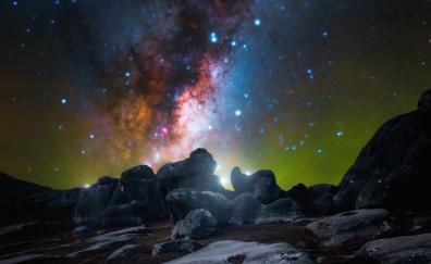 Nightscape, rocks, milky way galaxy, sky, nature