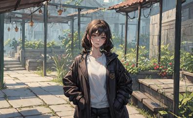 Teen girl in leather jacket, original, anime