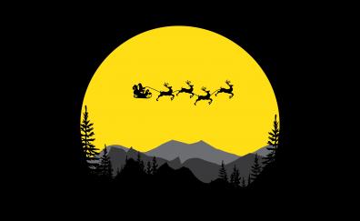 Santa Claus, moon, reindeer, chariot, silhouette