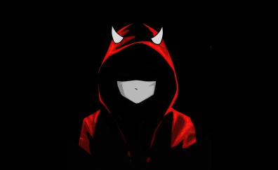 Devil boy in mask, red hoodie, dark