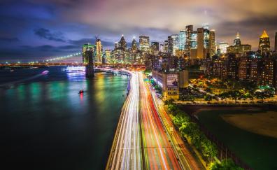 Road, lights, new york, buildings, cityscape