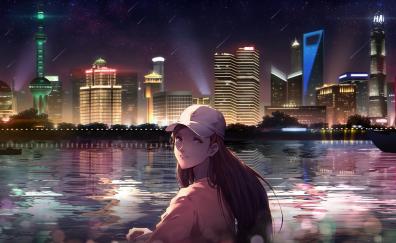 Night out, city, anime girl, original