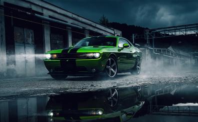 Green Dodge Challenger, muscle car, 2020