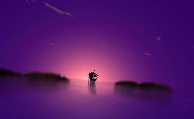 Purple dome boat, sunset, seascape, minimal