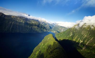 Fjord, mountains, river, valley, nature, New Zealand