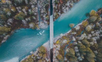 Bridge, river, forest, nature, aerial view