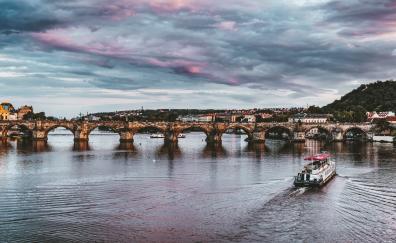 Prague, bridge, citysape, cloudy sky, city