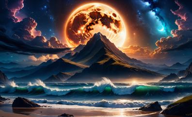 The mountain and sea, moon, another world, fantasy