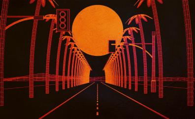 Burnwave, highway, palm trees, dark, artwork