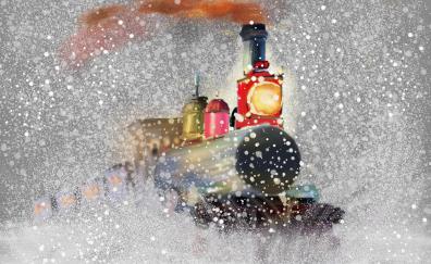 Train, winter, snowfall, snowflakes, artwork