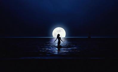 Girl and moon, ocean, silhouette