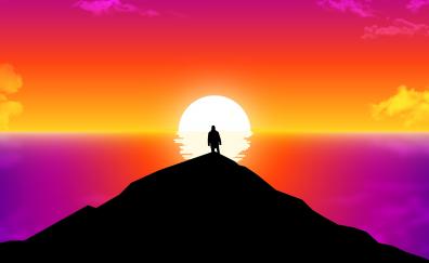 Into the horizon, man, sunset, silhouette, hill, art