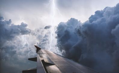 Aircraft, wing, lightning, clouds
