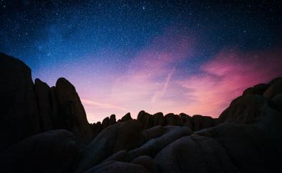 Starry sky, evening, rocks, silhouette