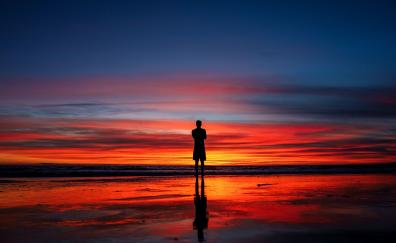 Calm, peace, silhouette, reflections, man and sunset