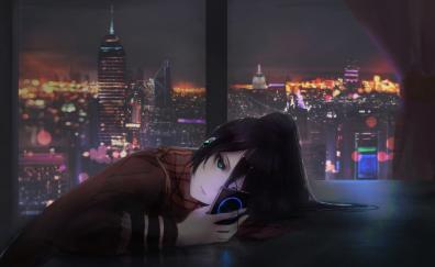 Anime girl, cityscape, original
