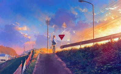 Sunset, pathway, anime girl, original