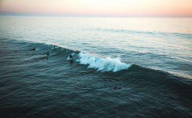 Sea, surfers, tide, aerial shot, vast sea