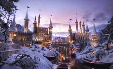 Castle, winter, fantasy, art