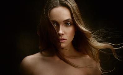 Brunette, woman model, bare shoulder, portrait