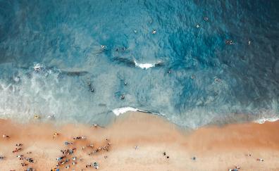 Beach, surfers, blue sea, aerial view