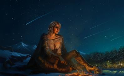 Ciri, the warrior, The witcher 3: wild hunt, starry night, artwork