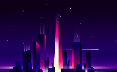 Purple sky, cityscape, buildings, sky, night, art
