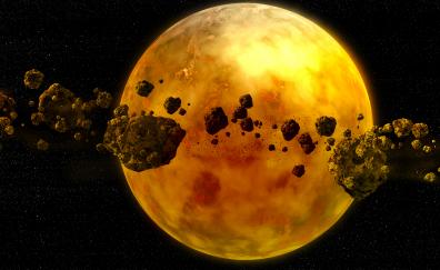 Yellow planet, asteroids, space