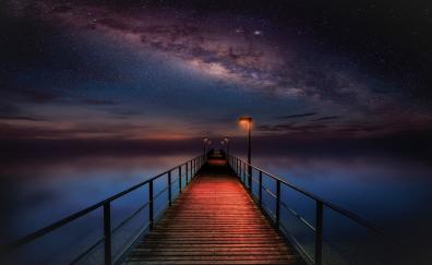 Pier, night, starry sky, art