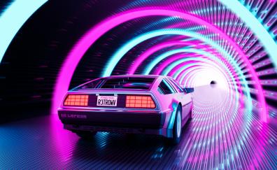 Retro artwork, DeLorean, car run through portal