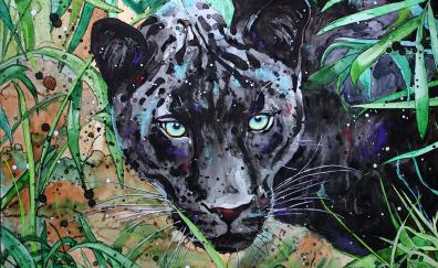 Grass, black panther, animal, art