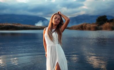 Maria Puchnina, white dress, outdoor at lake