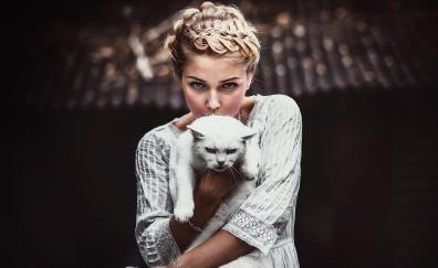 Cat and woman, blonde, beautiful