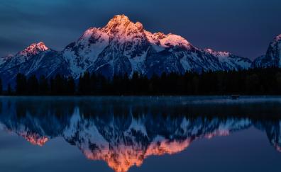 Glow, peak, sunset, mountains, reflections, lake