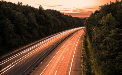 Highway, lights, sunset, long exposure