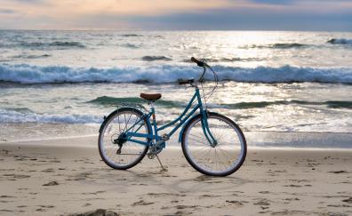 Bicycle, beach, sea waves